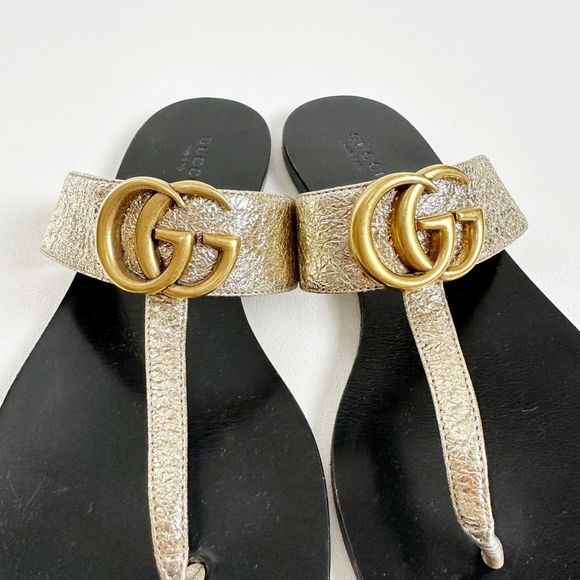 GUCCI Marmont Gold Sandal Size 38.5 US 8.5 Double GG Metallic Leather Flat Slide - Picture 7 of 15